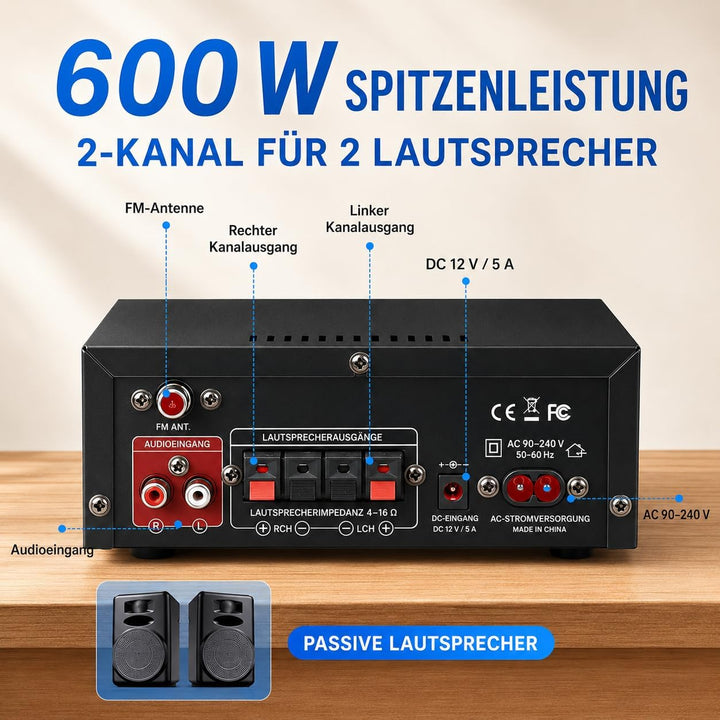 HiFi-Verstärker, Mini Bluetooth Stereo Audio Verstärker Receiver 12V/ 220V 600W 2 Kanäle Endverstärk