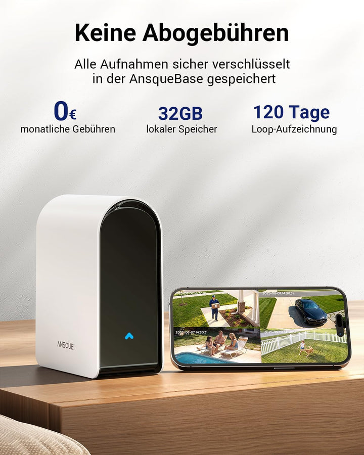 ANSQUE Überwachungskamera Aussen Solar Akku, 4er Set mit AnsqueBase, Ohne Abonnement, 32GB Lokalspei