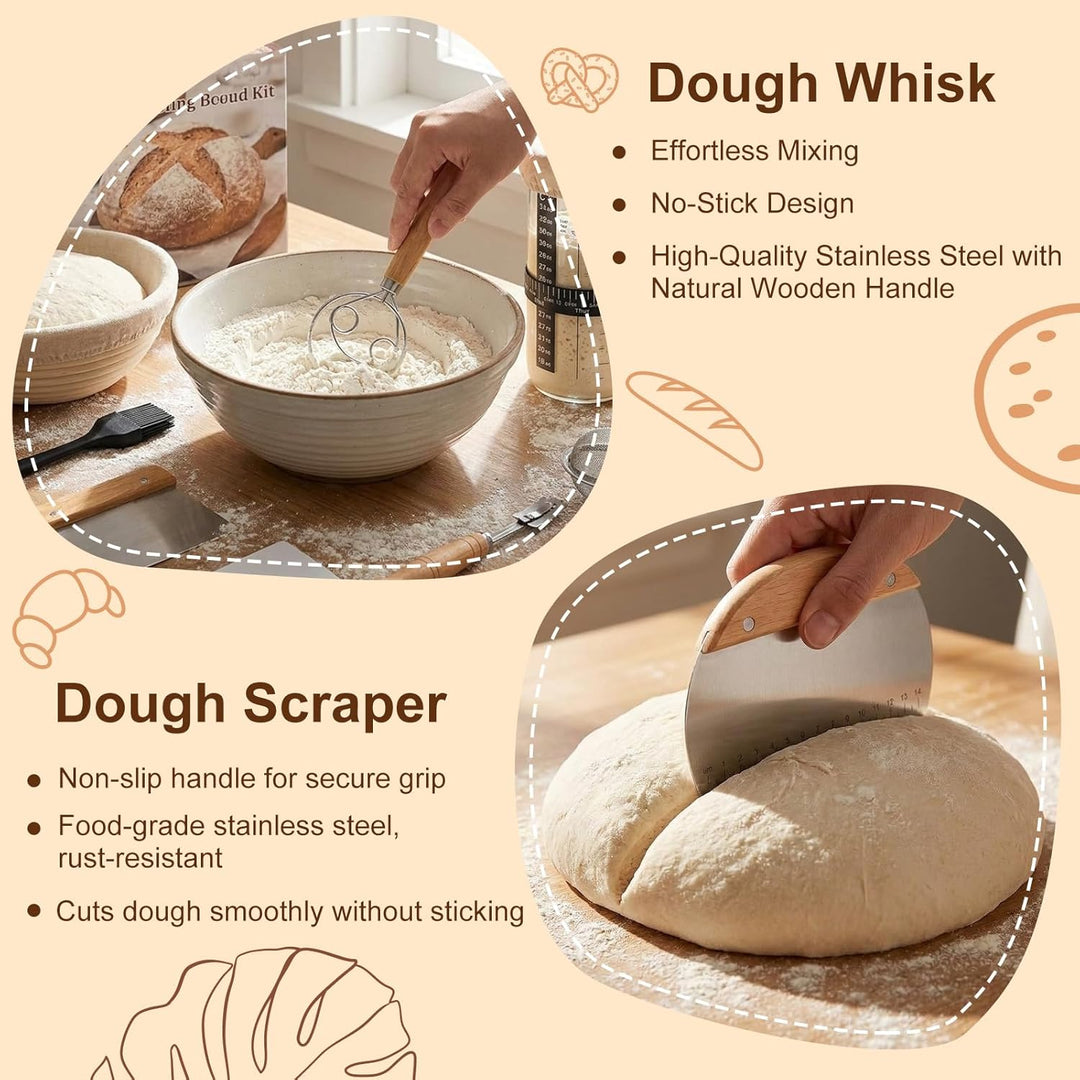 13-Teile Sauerteig Starter Set Mit Gärkörbchen Rund ø 25cm, 900ml Glas, Brotlamelle, Teigschaber, Ba