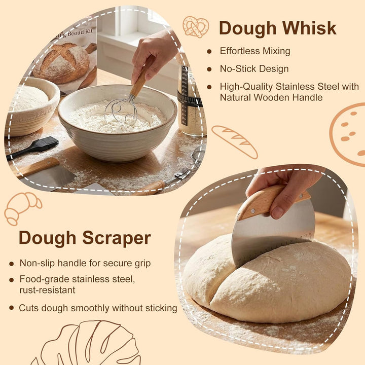 13-Teile Sauerteig Starter Set Mit Gärkörbchen Rund ø 25cm, 900ml Glas, Brotlamelle, Teigschaber, Ba