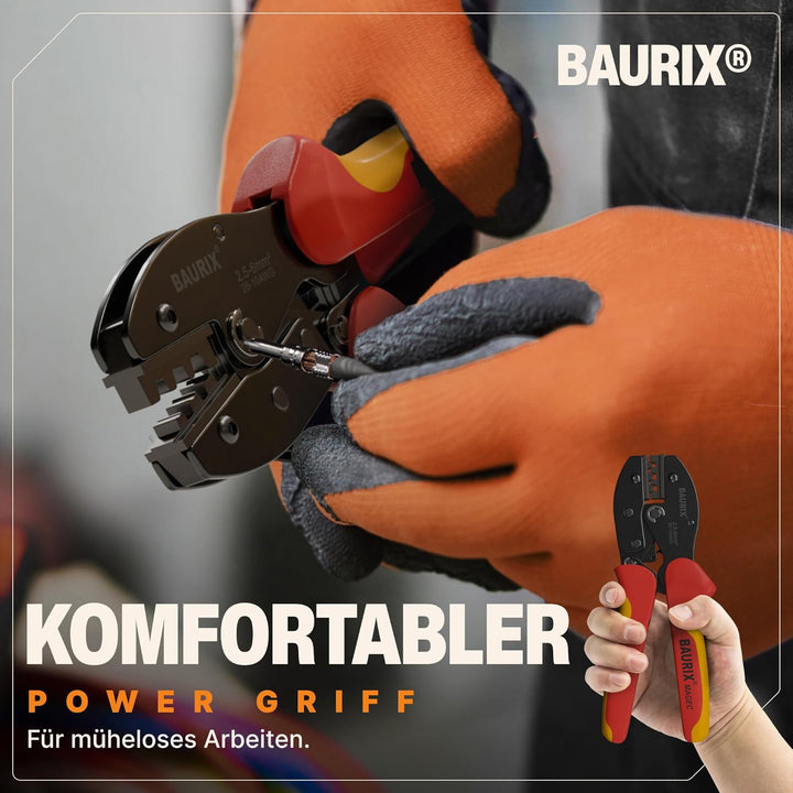 BAURIX® Crimpzange für MC4 Stecker 2,5–6mm² – PV Solar Kabel ordnungsgemäss installieren – Elektrike