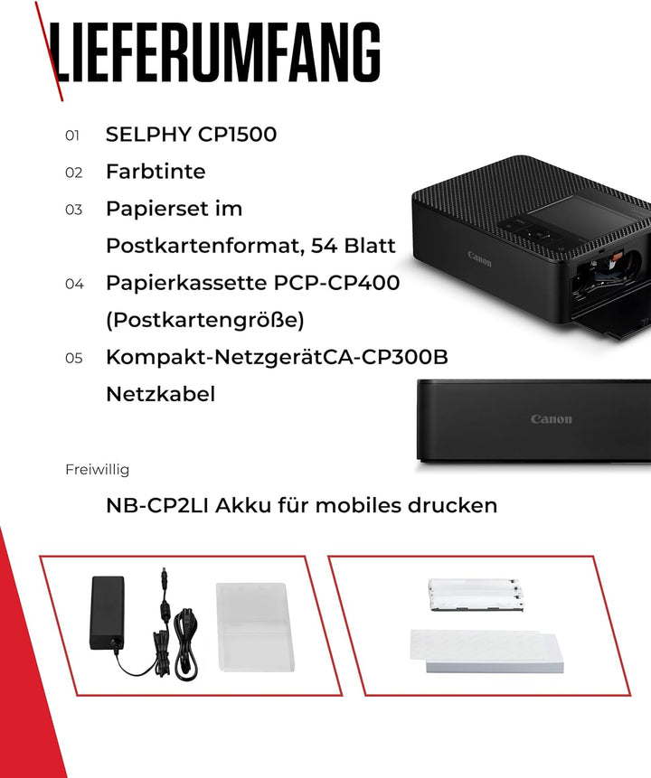 Canon SELPHY CP1500 Mobiler Fotodrucker mit Papierset, Schwarz - Drahtloser Bluetooth-Drucker mit Zu