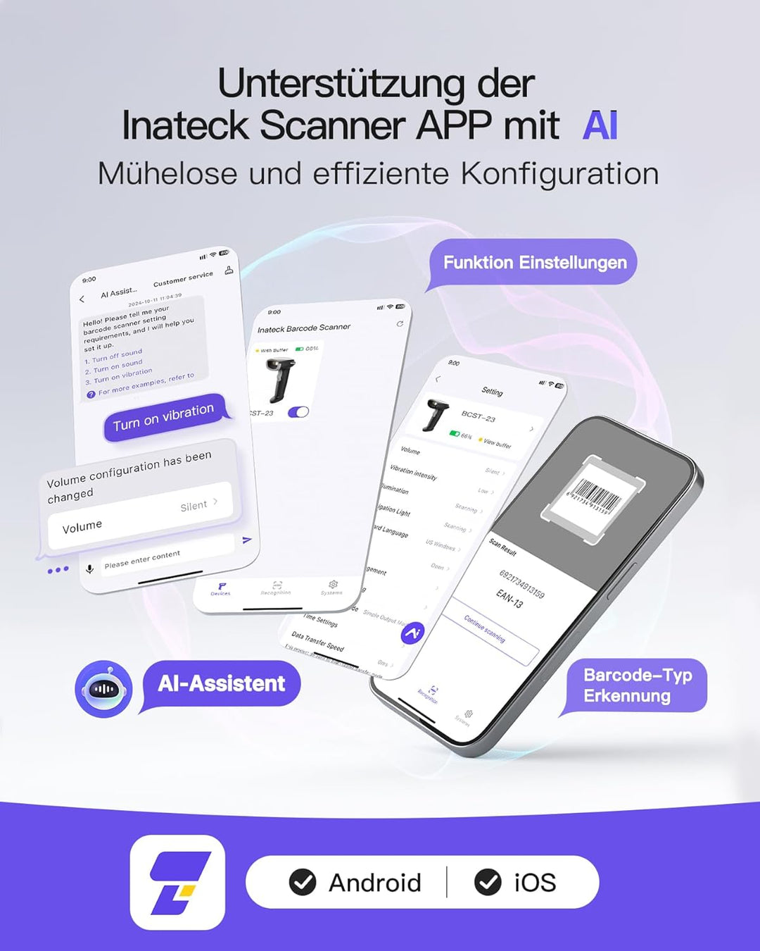 Inateck Barcode Scanner Kabellos, 1D 2D QR Code Scanner, BCST-23 Grau | 3-in-1 mit Bluetooth, 2,4 GH