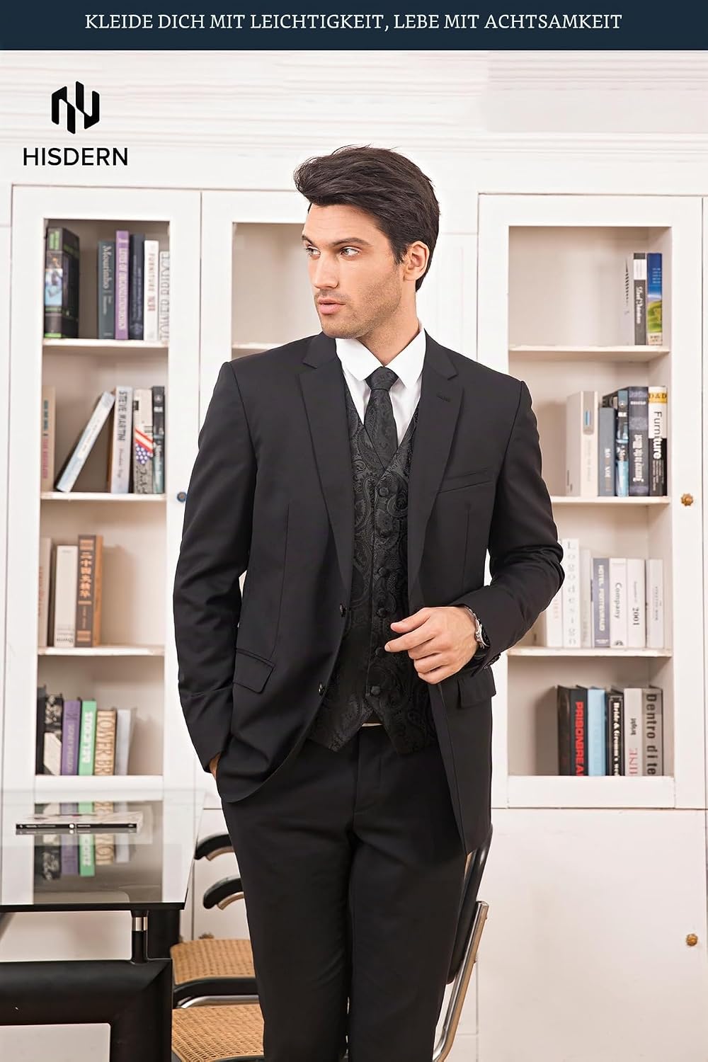 HISDERN Herren FLoral Hochzeit Weste Krawatte Einstecktuch Taschentuch Jacquard Weste Anzug Set XS S