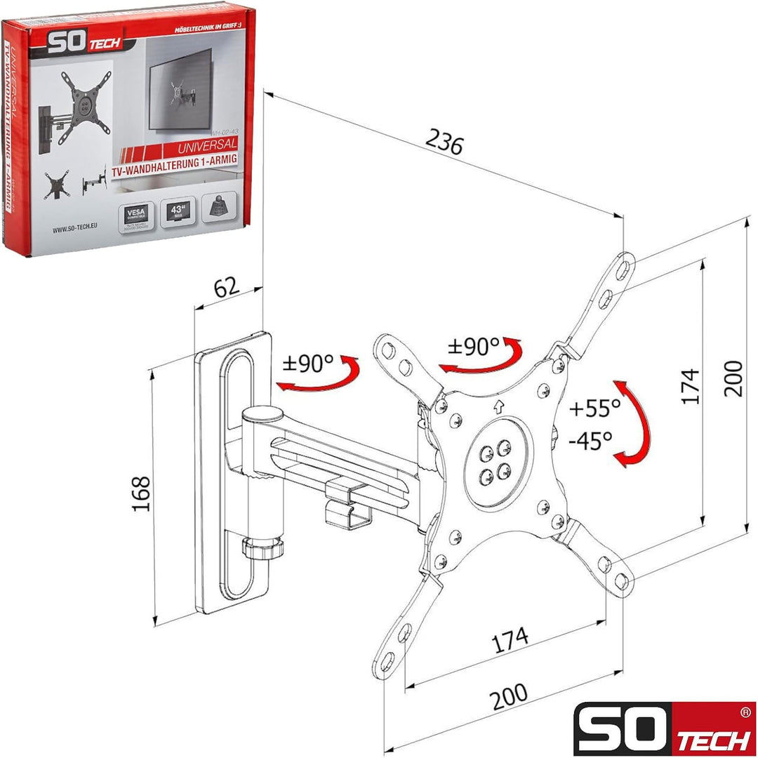 SOTECH TV Wandhalterung WH-02-43 1-armig mit Kabelmanagement | Ausschwenkbare, drehbare, neigbare TV
