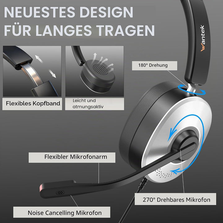 Wantek USB Headset mit Mikrofon für PC Laptop, Typ C-USB-3,5mm Jack, 3-in-1-Kopfhörer mit Geräuschun