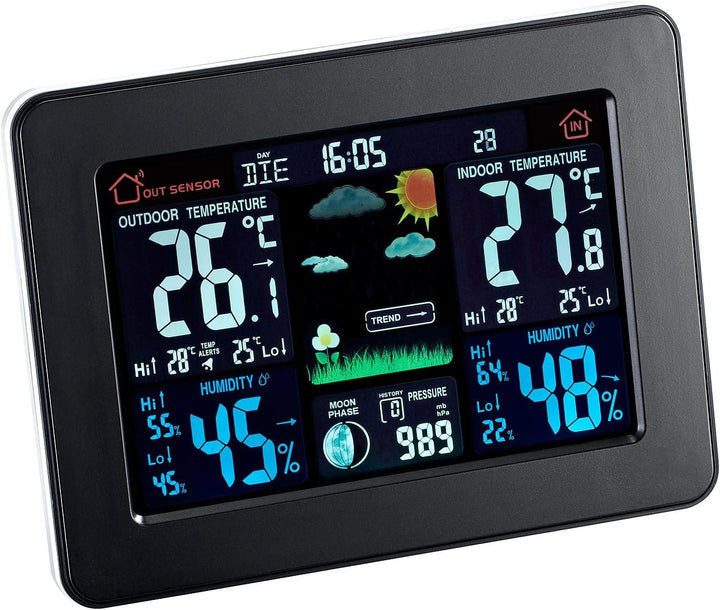 infactory Wetterstation farbig: Wetterstation mit Farb-Display, Funk-Aussensensor, DCF-Funk-Zeitanze