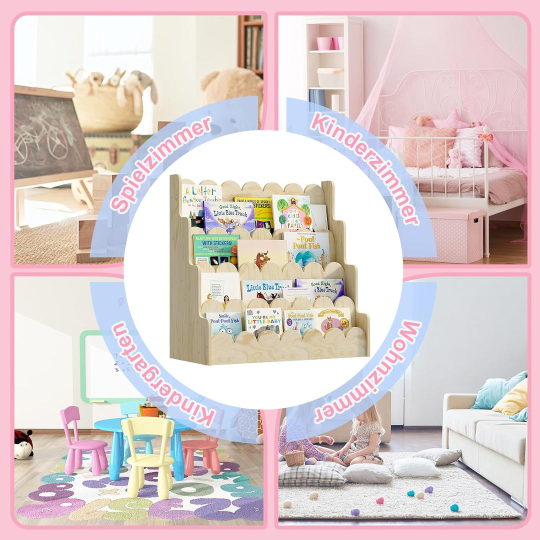 Bücherregal Kinder aus Kieferholz, Kinderregal mit 4 Ablage montessori Regal stehend für Kinderzimme