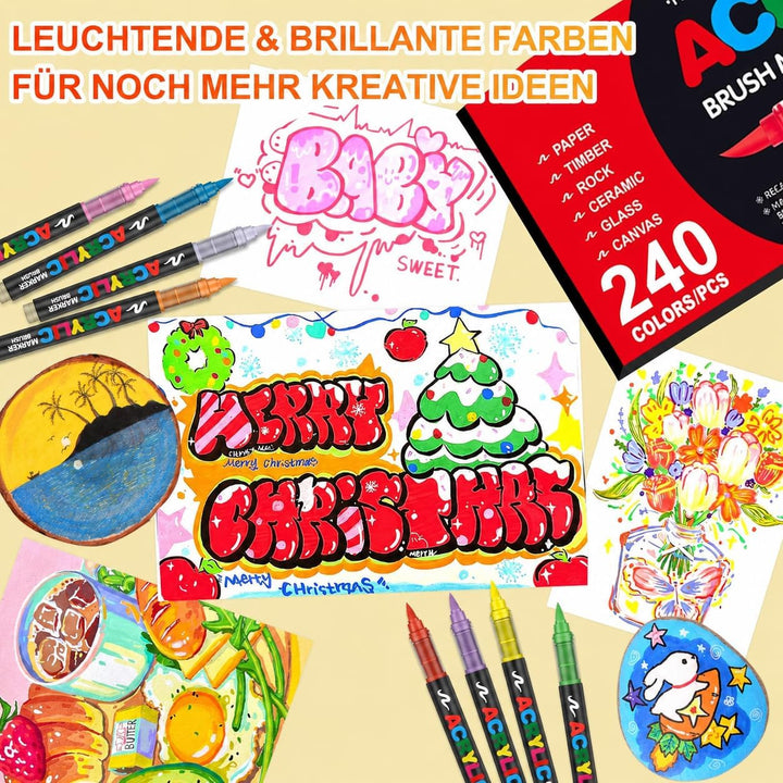 Laconile 240 Farben Acrylstifte für Steine Wasserfest, Brush Tip Acrylic Pens Set, Schnelltrocknend