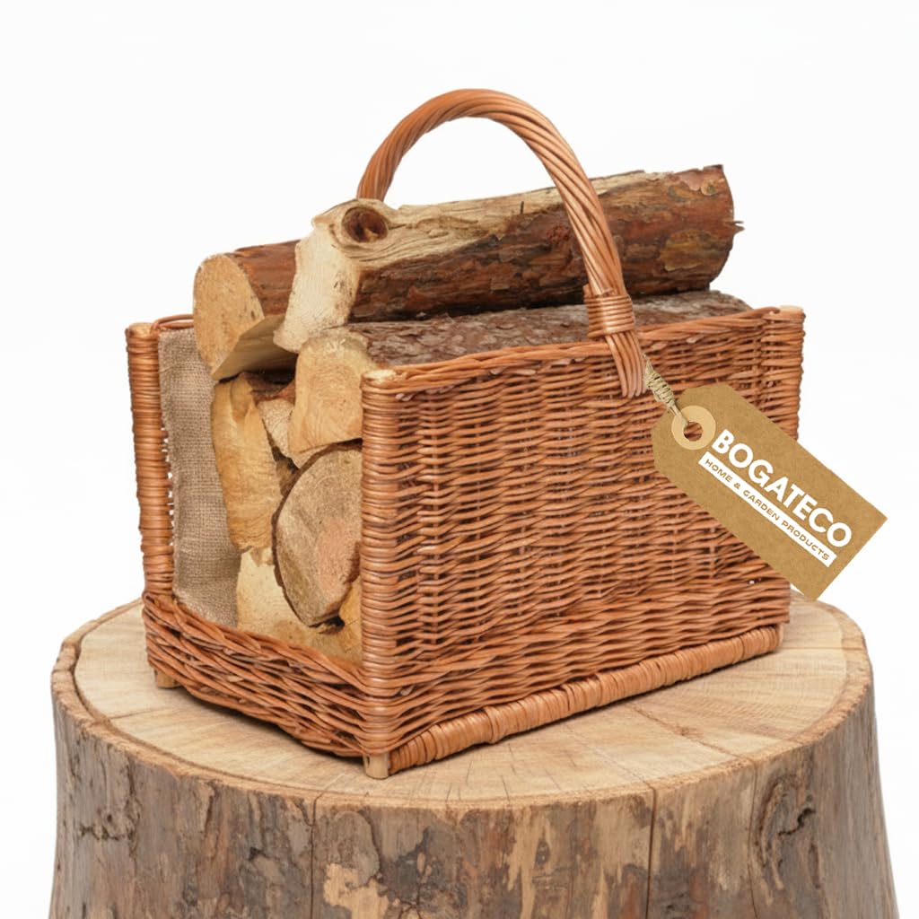 BOGATECO Weidenkorb mit Griff quadratisch | Kaminkorb 45X30X30 | Handgewebt | Mit Jute ausgekleidete