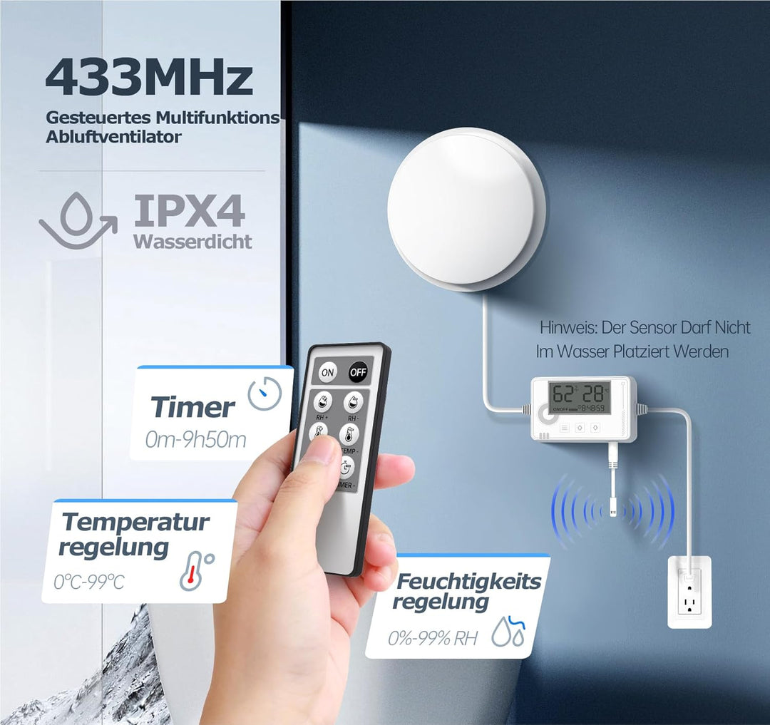 Badlüfter mit Feuchtigkeitssensor Temperatursensor Timer - WC Lüfter 100mm mit Fernbedienung, Echtze
