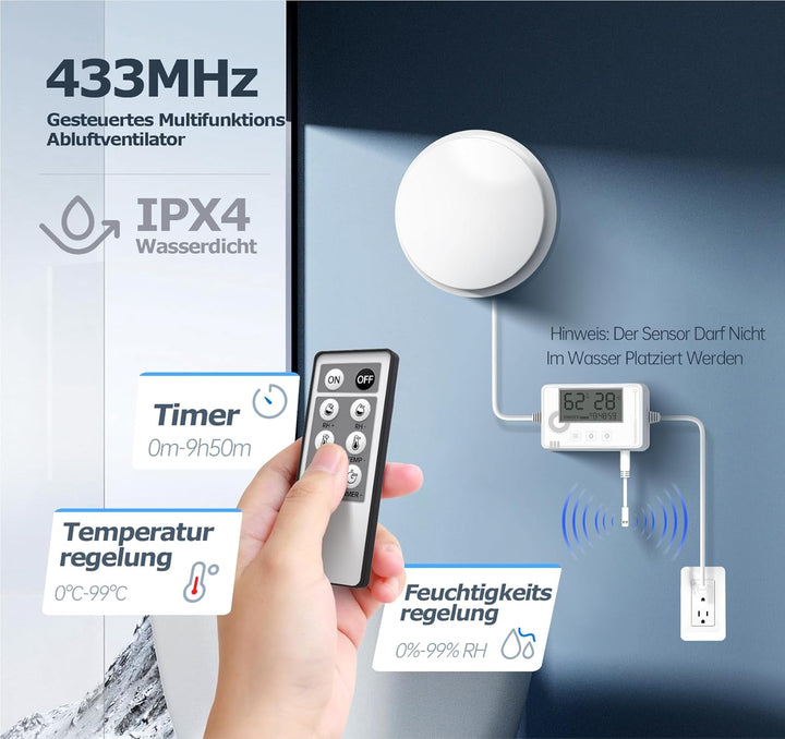 Badlüfter mit Feuchtigkeitssensor Temperatursensor Timer - WC Lüfter 100mm mit Fernbedienung, Echtze