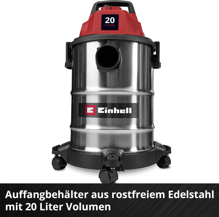 Einhell Nass-Trockensauger TC-VC 2045 S (900 W, 180 mbar Saugleistung, 20 L Edelstahlbehälter, Rolle