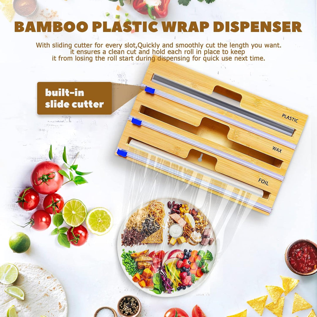 QINGLOU Folienschneider,3 in 1 Folienspender Mit Cutter, Bambus/Folienabroller,Frischhaltefolie, Wac