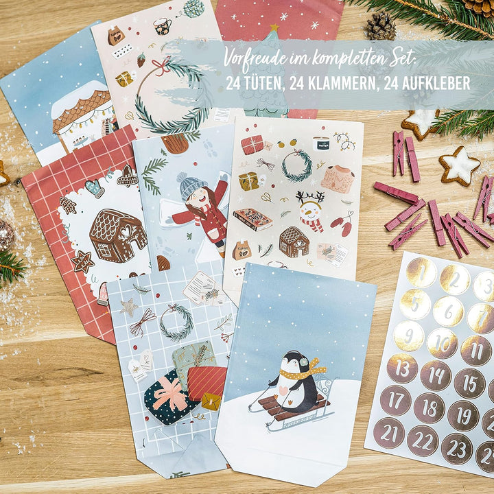 Papierdrachen Adventskalender 2025 zum Befüllen - 24 bedruckte Papiertüten in Eisblau & Rosa mit Zah