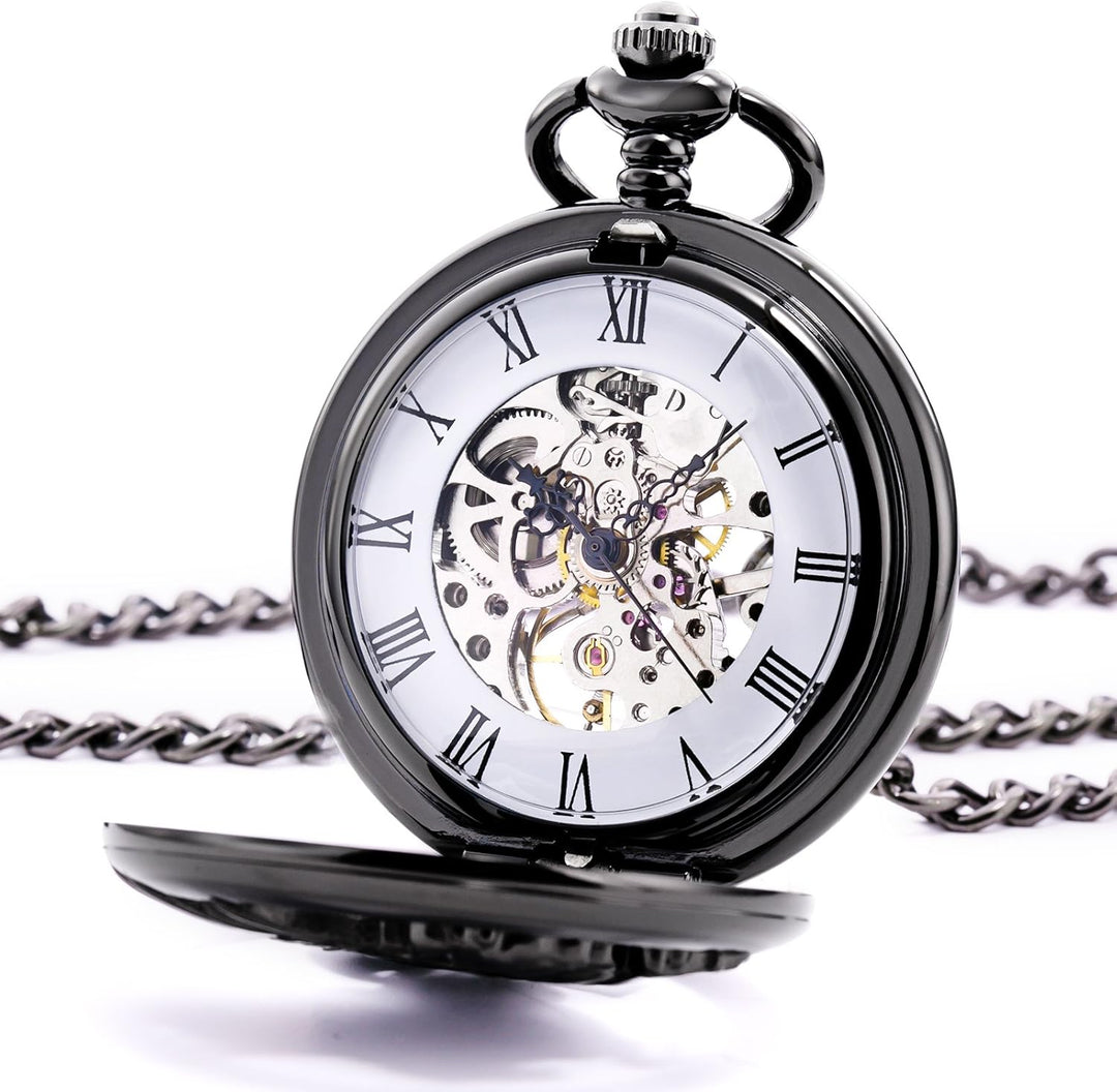 TREEWETO Unisex Taschenuhr mit Kette Analog Handaufzug Retro Pegasos Geflügeltes Pferd Schwarz