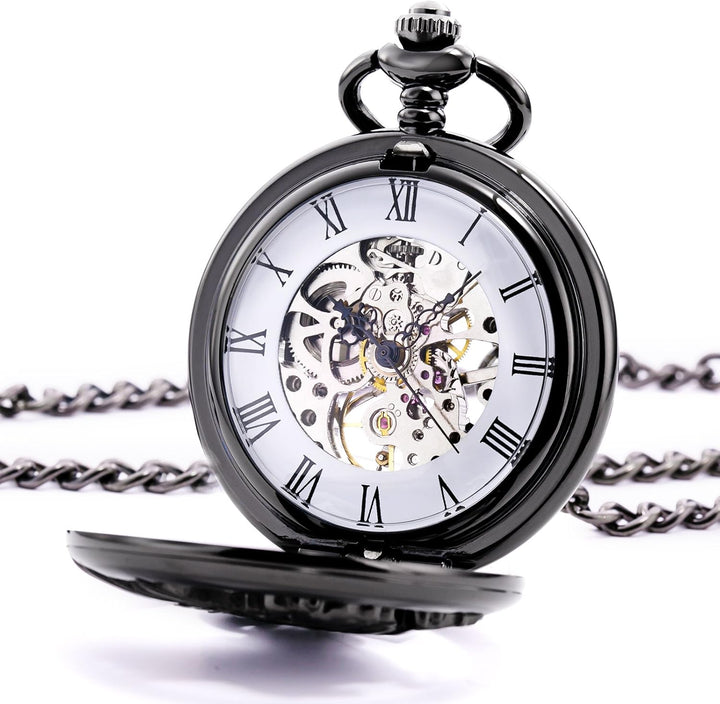 TREEWETO Unisex Taschenuhr mit Kette Analog Handaufzug Retro Pegasos Geflügeltes Pferd Schwarz