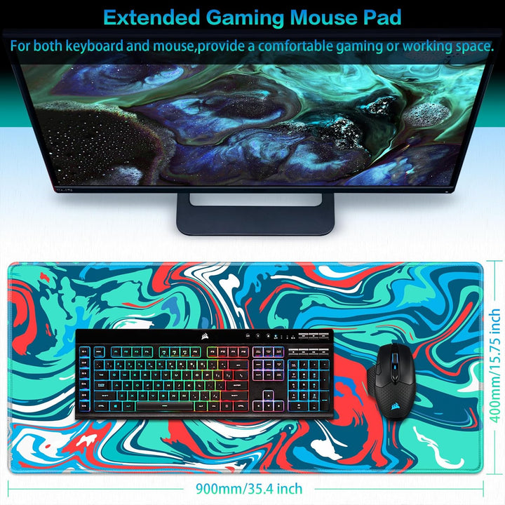 Gaming Mauspad XXL, Mousepad 900 x 400mm, Fluid Art Mauspad gross Vernähte Kanten WassXerdicht Anti-