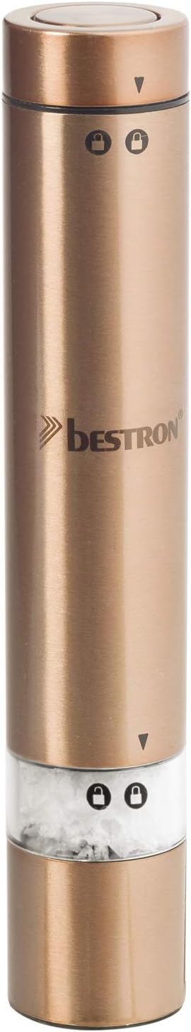 Bestron Elektrische Gewürzmühle für Salz und Pfeffer, Mit Keramik-Mahlwerk, Kupfer