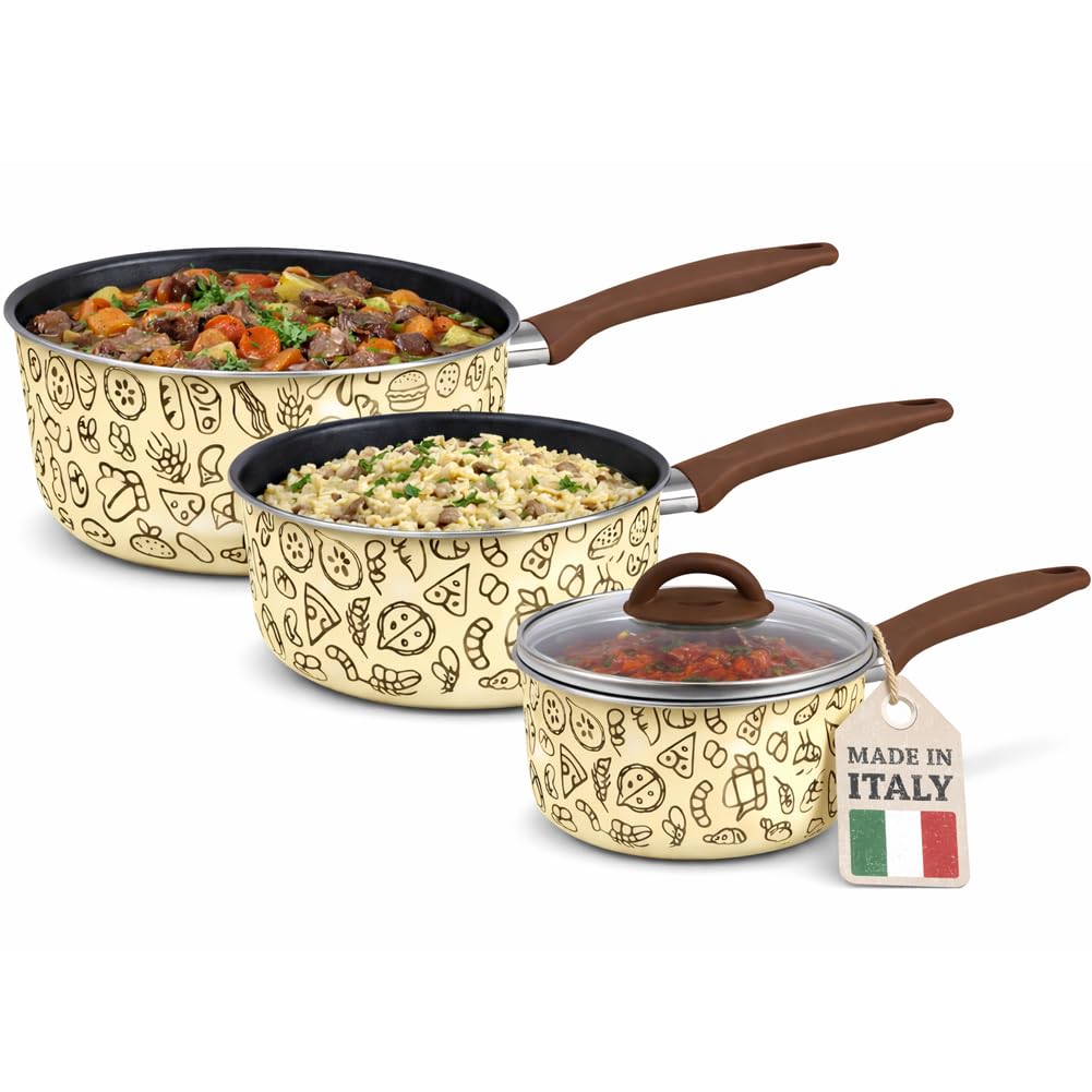 BAKAJI Tris Pastella Stielkasserolle 16-18-20 cm mit 1 Glasdeckel, antihaftbeschichteter Boden, Soft