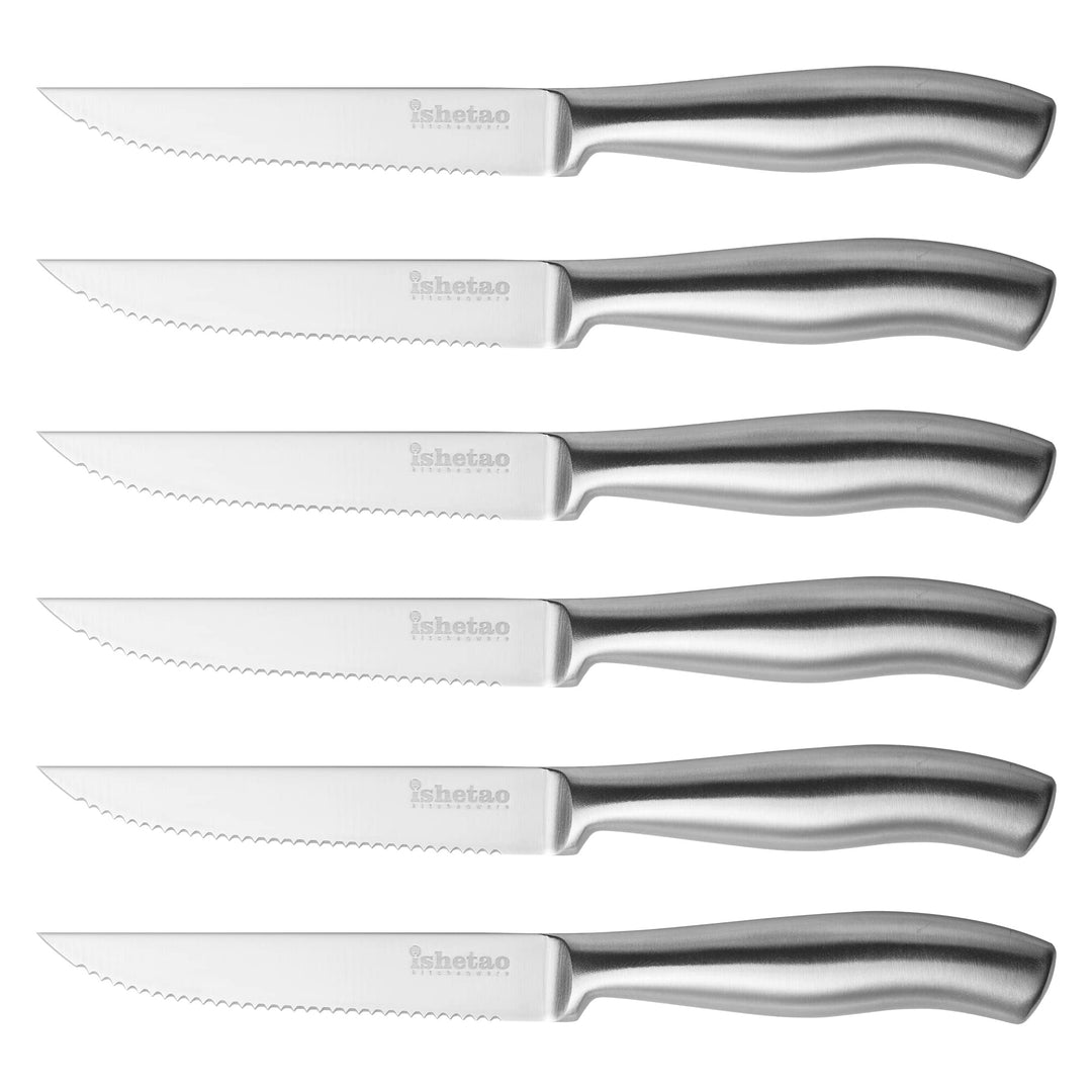 isheTao Steakmesser-Set, 6-teilig, Extra Scharfe Klinge, Wellenschliff, spülmaschinengeeignet, 12 cm