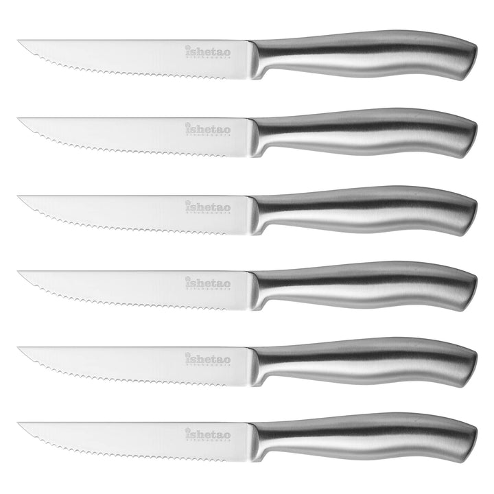 isheTao Steakmesser-Set, 6-teilig, Extra Scharfe Klinge, Wellenschliff, spülmaschinengeeignet, 12 cm