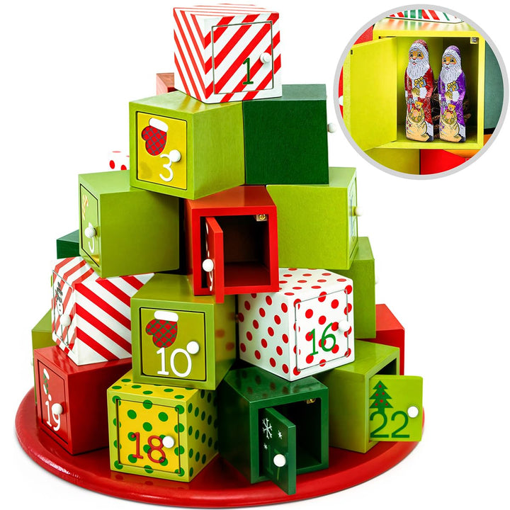 Spielwerk® Wiederverwendbarer Adventskalender Geschenleberg zum Befüllen 24 Türchen Bunt Bemalt Weih