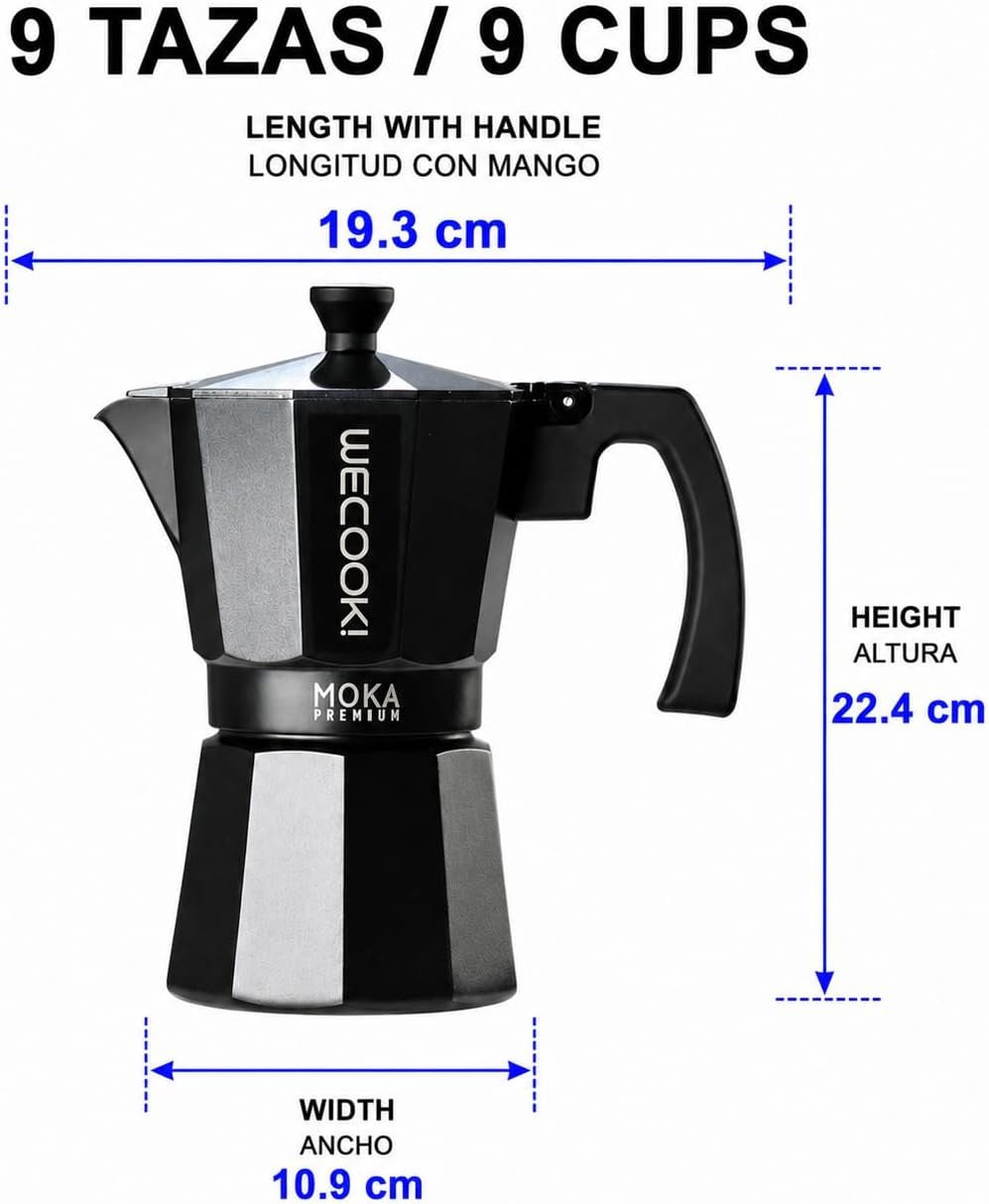 WECOOK! Bella Espressokocher Schwarz aus Aluminium, Moka Kaffeekocher, 9 Tassen (450 ml), Silikondic