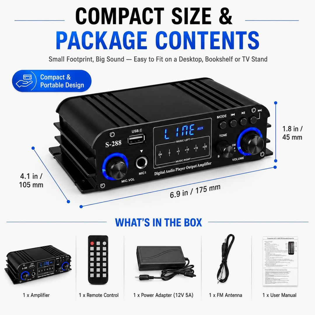 Romicta 4-Kanal Bluetooth 5.0 Stereo-Verstärker, 4×50W HiFi-Endstufe, 1200W Max, USB/SD/FM, Class D