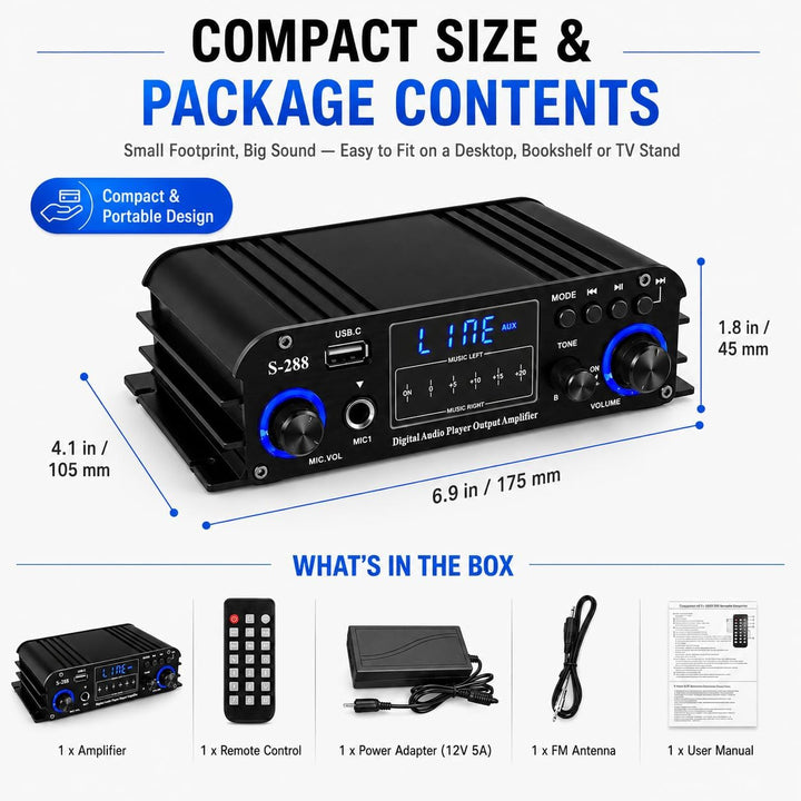 Romicta 4-Kanal Bluetooth 5.0 Stereo-Verstärker, 4×50W HiFi-Endstufe, 1200W Max, USB/SD/FM, Class D