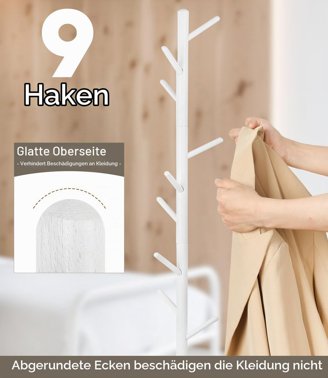 Garderobenständer, Kleiderständer aus Buchenholz Massivholz in Baumform für Kleidung, 9 Haken, 185 x
