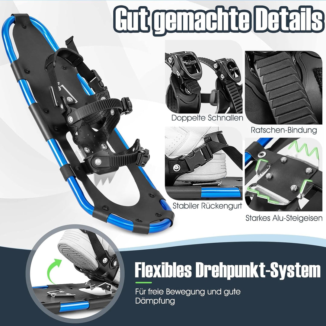COSTWAY 4-in-1 Schneeschuhe-Set, Schuhgrösse 38-45, Schneeschuhe mit Doppel-Ratschenbindungssystem,