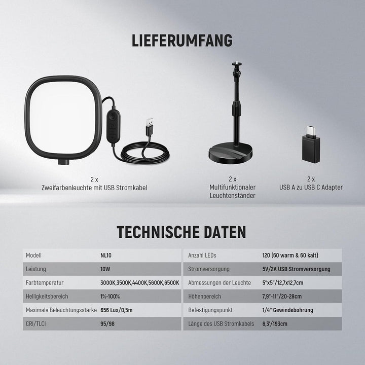 NEEWER Basics 2er 5" Tisch Videolicht für Videoanrufe, CRI95 Vollbild LED Ringlicht mit Ständer, 10W