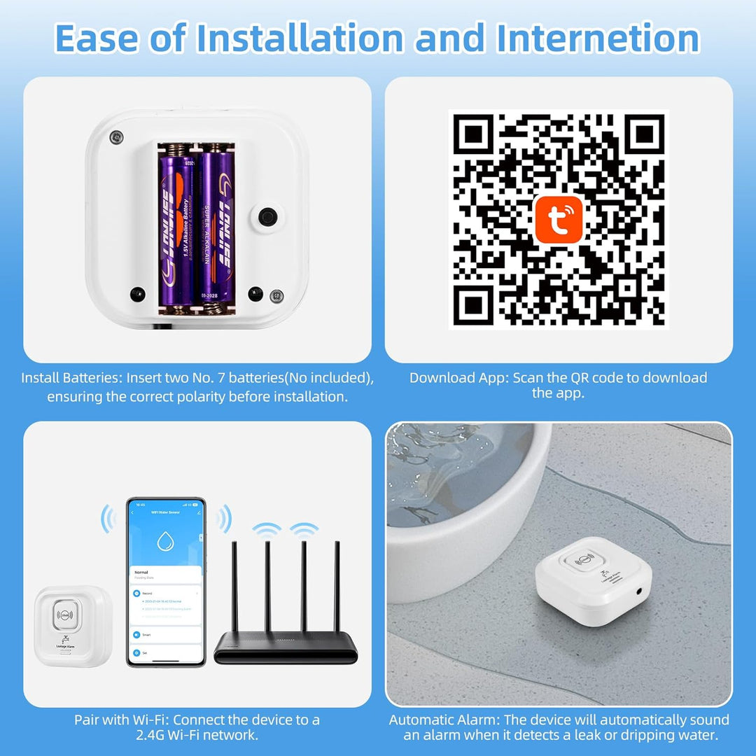 Wassermelder WLAN 100 dB Lauter Wassersensor mit Smart Life App Fernbedienung - Wasseralarm für Küch