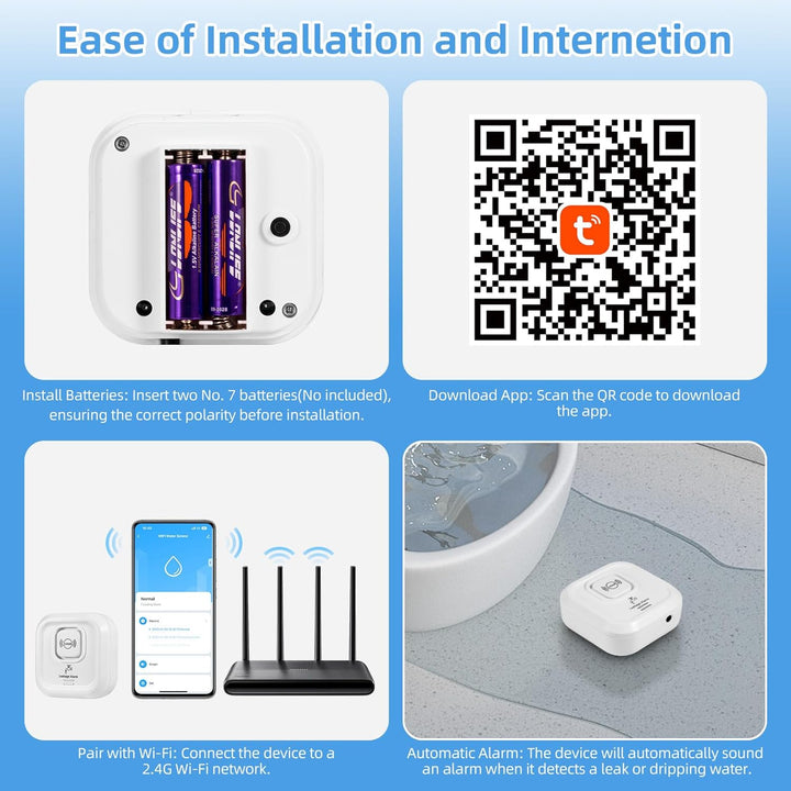 Wassermelder WLAN 100 dB Lauter Wassersensor mit Smart Life App Fernbedienung - Wasseralarm für Küch