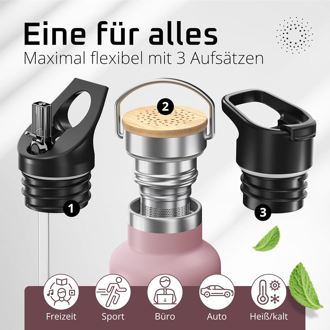 Trinkflasche Edelstahl mit Strohhalm, Infuser + 3 Deckel: BPA-frei, Auslaufsicher, Kohlensäure geeig