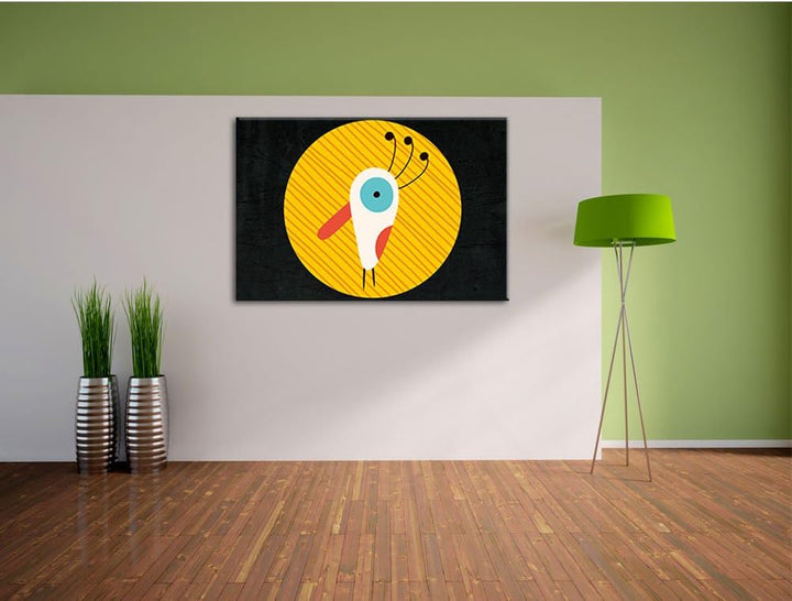 Pixxprint Lustiger Vogel mit Gestreiftem Hintergrund Schwarz, Format: 100x70 auf Leinwand, XXL riesi