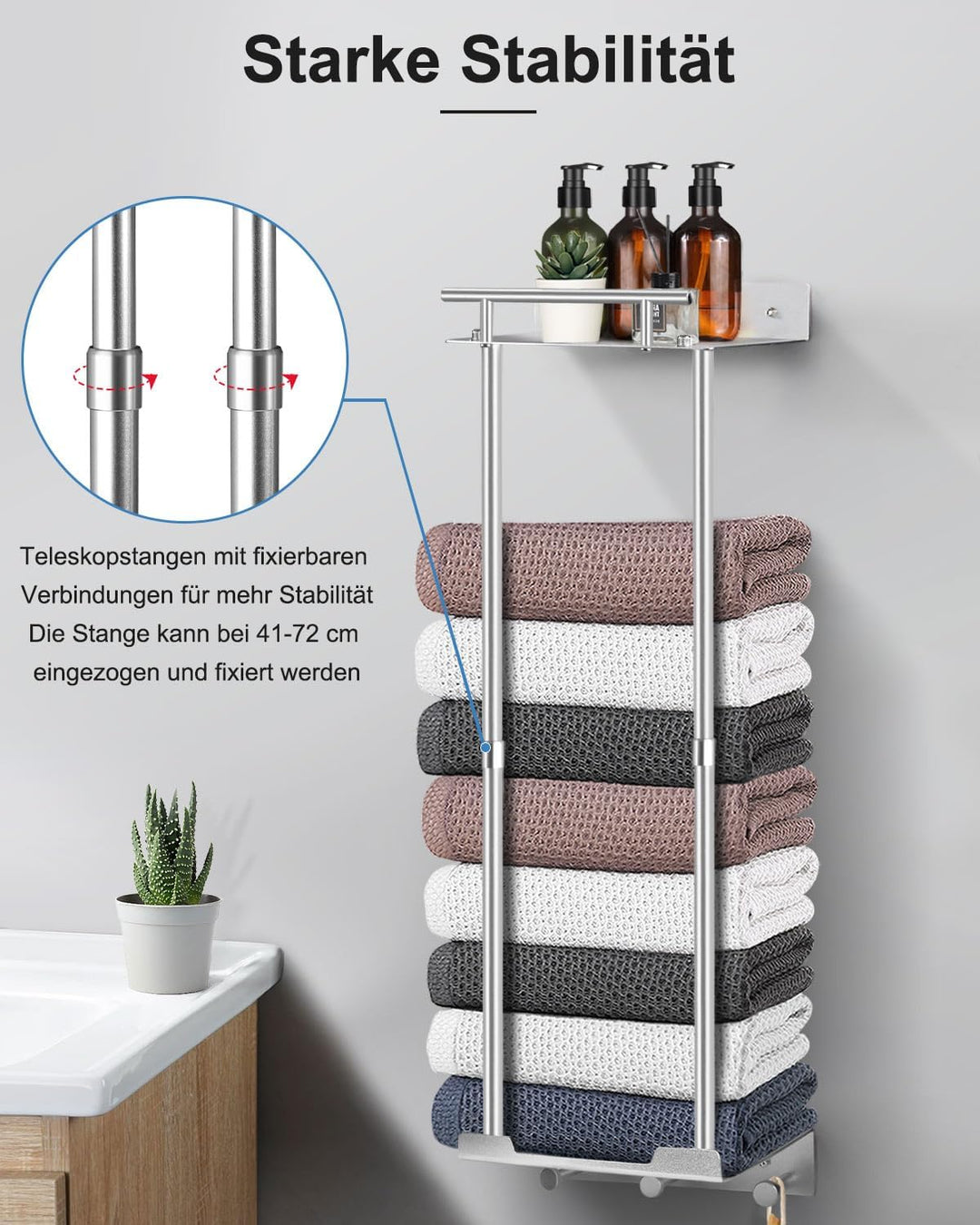 LIVEHITOP Handtuchregal, Ausziehbar Handtuchhalter Ohne Bohren 81CM Handtuch Aufbewahrung Wand Gäste