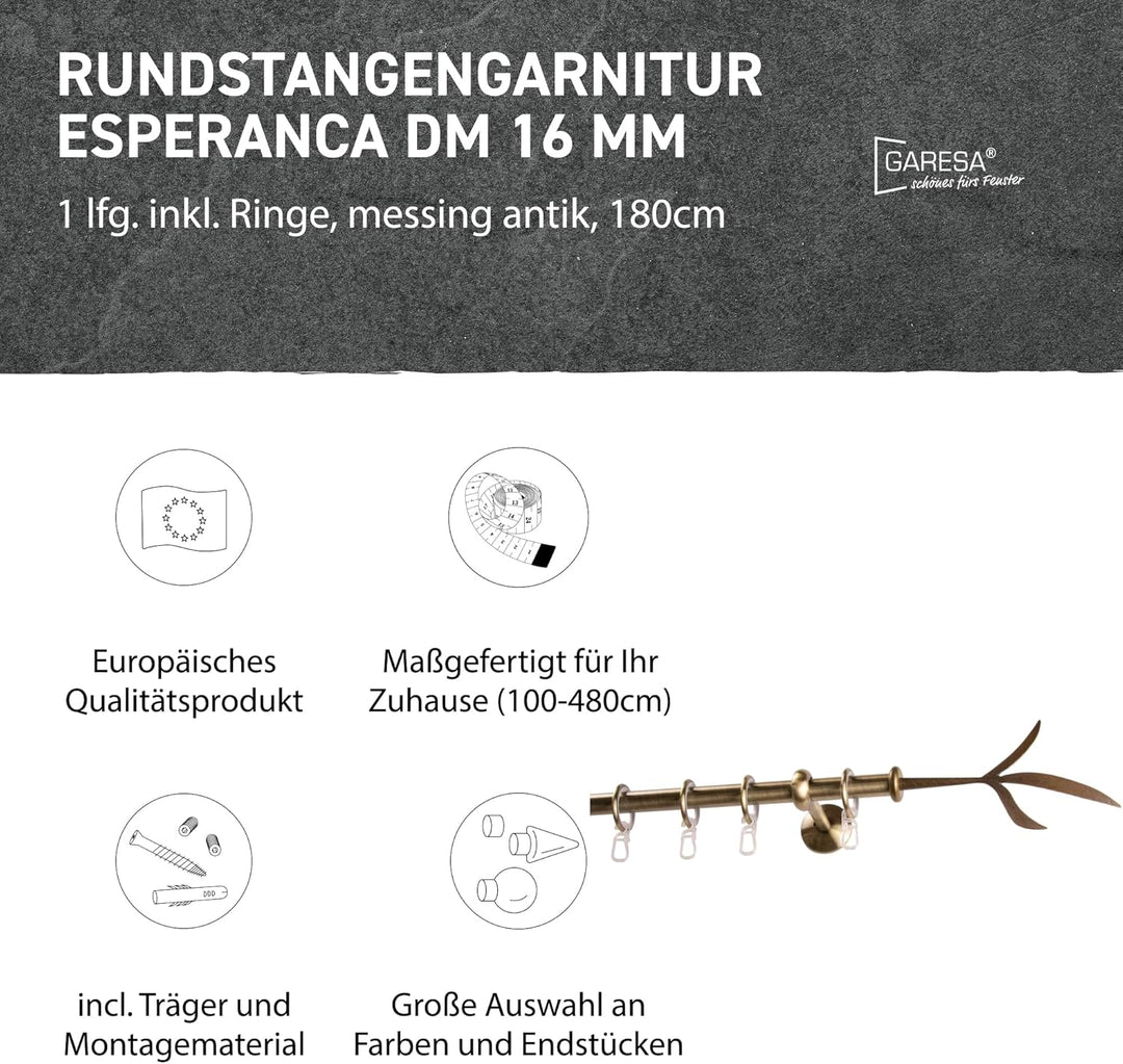 Garesa Gardinenstange Esperanca Ø 16mm, 1-läufig, Messing, antik I Rustikale Vorhangstange inkl. Rin