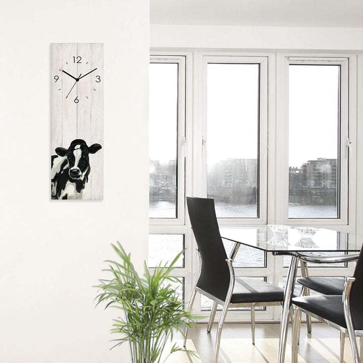 ARTLAND Wanduhr ohne Tickgeräusche Glas Funkuhr 20x60 cm Rechteckig Lautlos Kuh Tiere Holzoptik Land