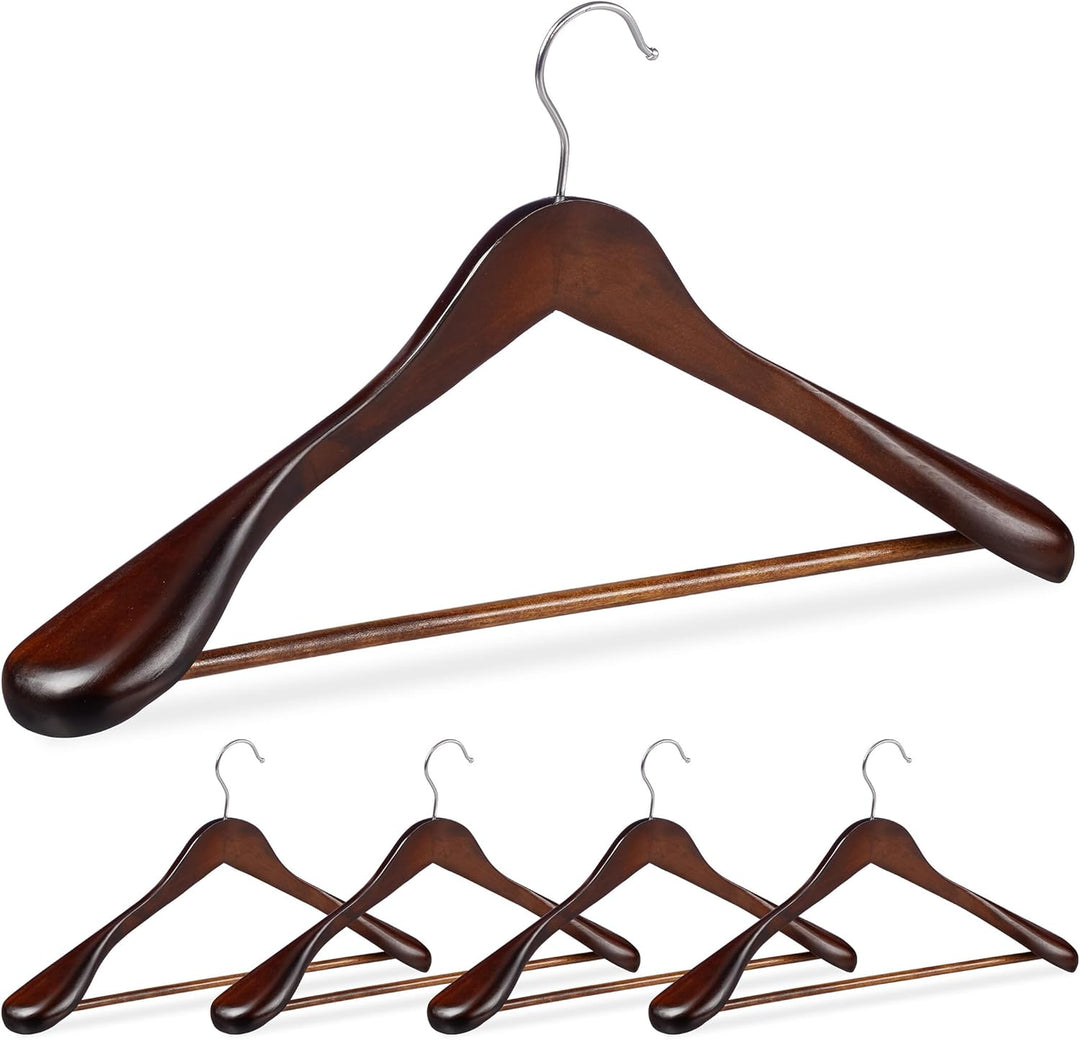 Relaxdays Anzug Kleiderbügel, 5er Set, breite Schulter, 360° drehbarer Haken, mit Hosenstange, Holzk