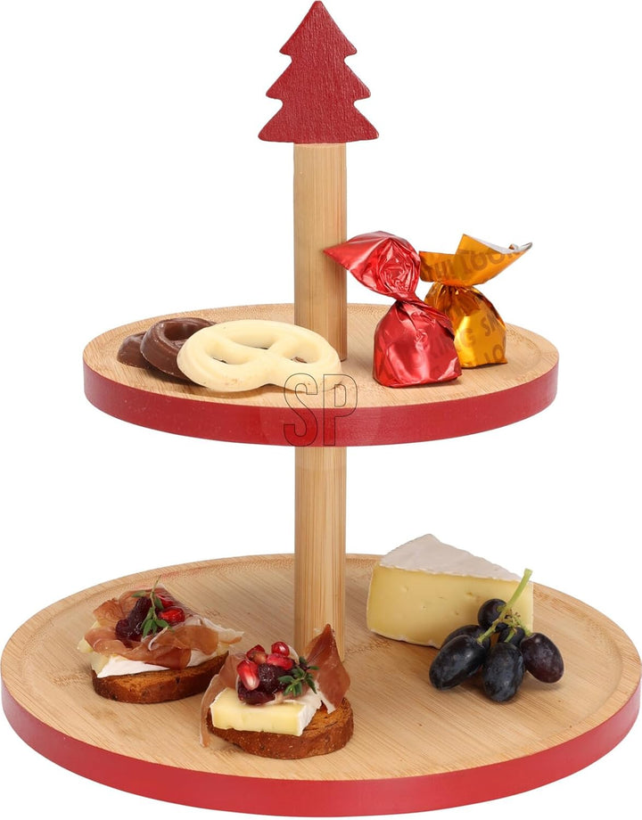 Weihnachtliche Etagere aus Bambus - Deko Etagere Cupcace Ständer - 2 Etagen 25x26cm (Weihnachtsbaum)
