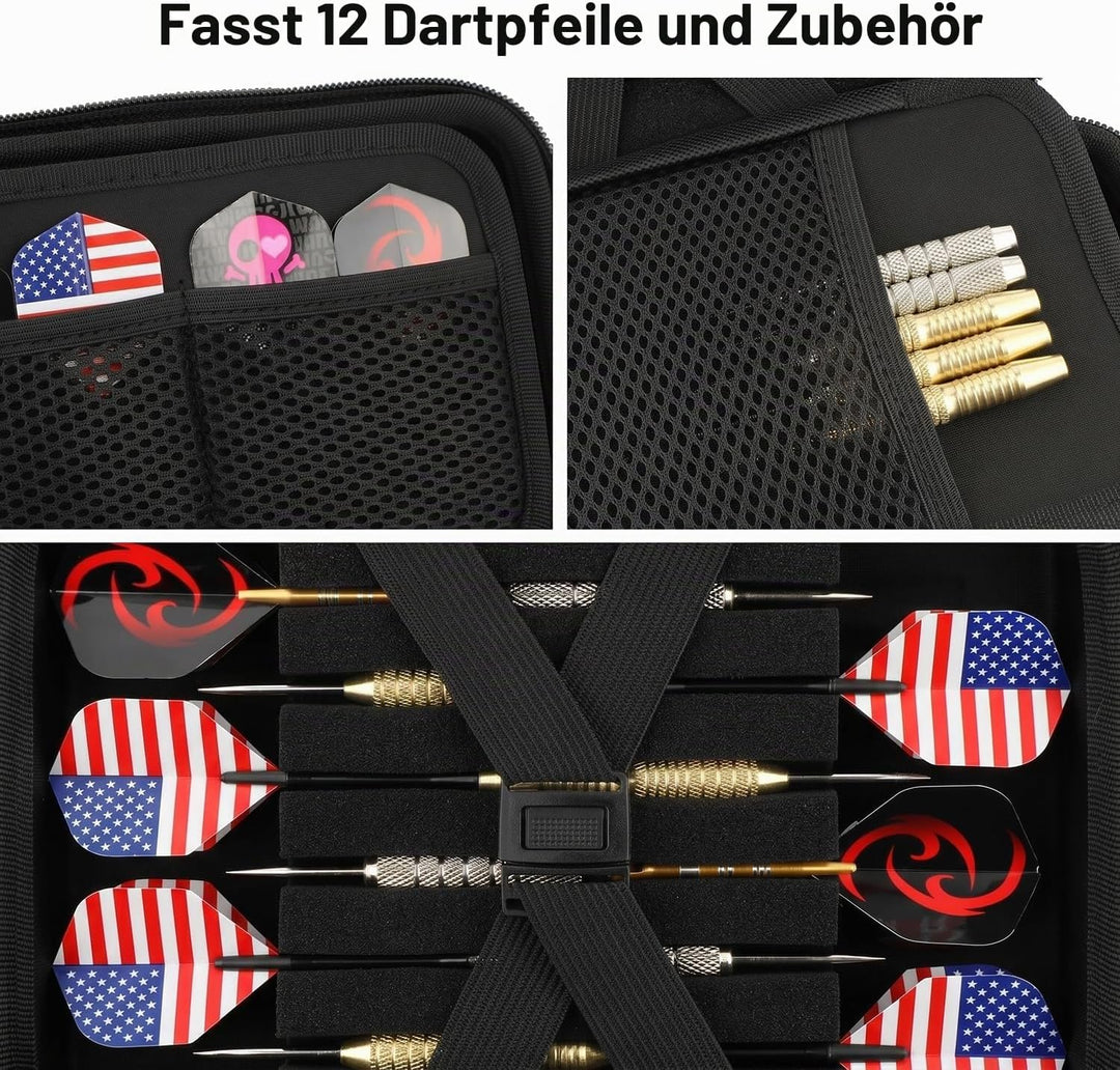 Darttasche, Dart Tasche für Stahl- oder Softtip-Darts, Platz für 12 komplett montierte Darts und Zub