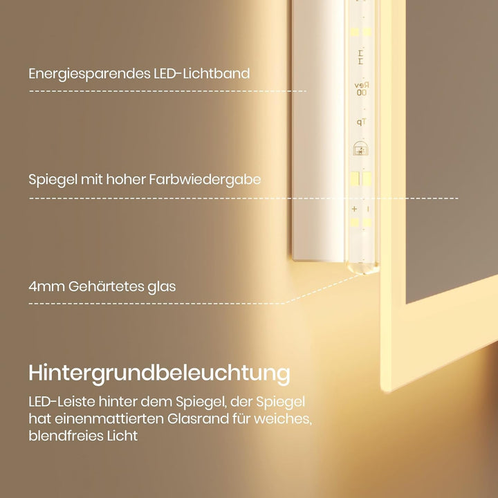 EMKE Badspiegel mit Beleuchtung 40x60cm, Badezimmerspiegel mit Warmweiss Licht 3000K, Wandschalter,