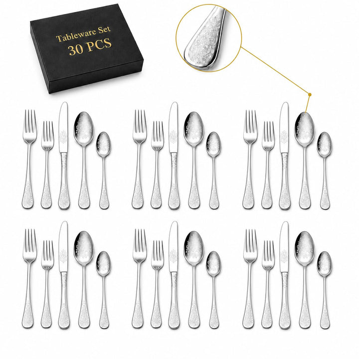 DRAGON RIOT Besteck Set 6 Personen - 30 teilig Edelstahl Besteckset, Silberbesteck mit Messer Gabel