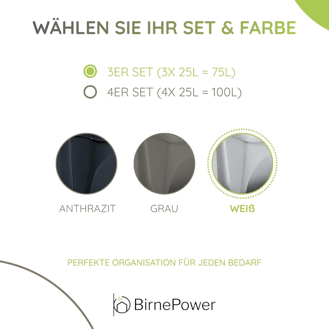 BirnePower Mülleimer Müllbehälter Abfalleimer 75L Set 3 x 25L Mülltrennsystem Behälter Sorti Box mit