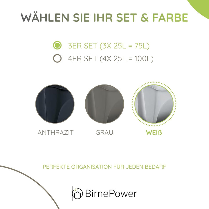 BirnePower Mülleimer Müllbehälter Abfalleimer 75L Set 3 x 25L Mülltrennsystem Behälter Sorti Box mit