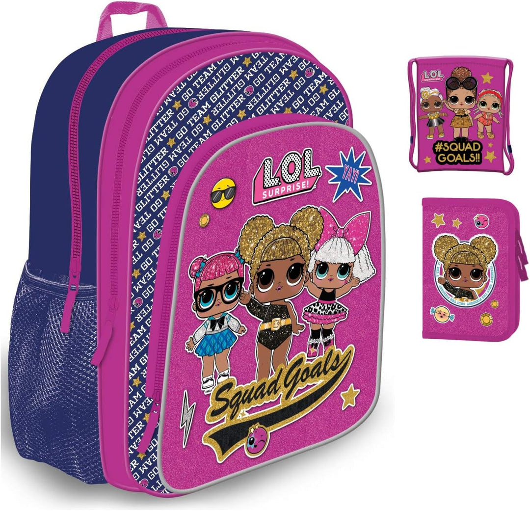 LOL Kindergartenrucksack Mädchen 1 Klasse Tornister Rucksack SET 3 tlg. L.O.L. für Vorschule inkl. S