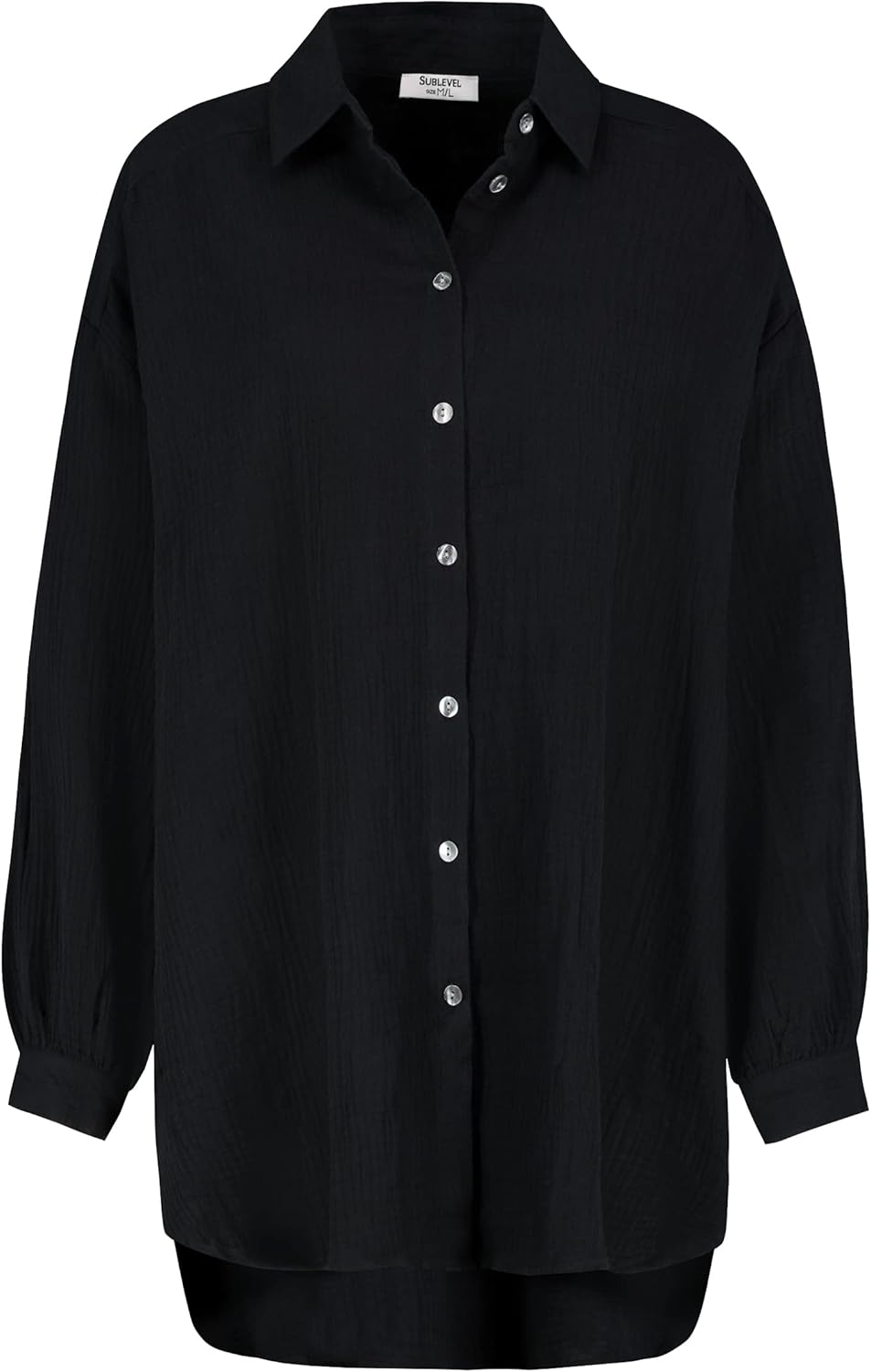 Sublevel Damen Musselin Bluse Muslin Long-Bluse Langarm Oversize Baumwolle S-M Schwarz, S-M Schwarz