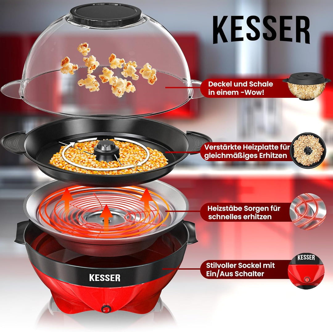 KESSER® Popcornmaschine Gross 800W | Popcorn-Maker 5,5l Inhalt mit Antihaftbeschichtung Deckel & Ser
